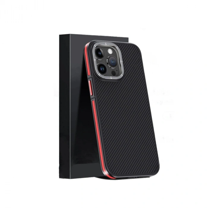 Joko  İphone 15 Pro Max Kılıf Aramid 600d Kevlar Karbon Fiber Magsafe Kapak - Kırmızı