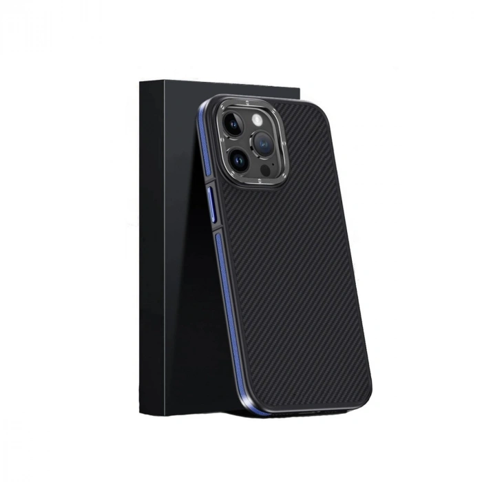 Joko  İphone 15 Pro Max Kılıf Aramid 600d Kevlar Karbon Fiber Magsafe Kapak - Lacivert