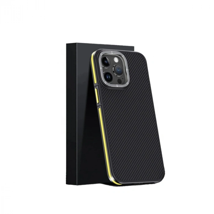 Joko  İphone 15 Pro Max Kılıf Aramid 600d Kevlar Karbon Fiber Magsafe Kapak - Sarı