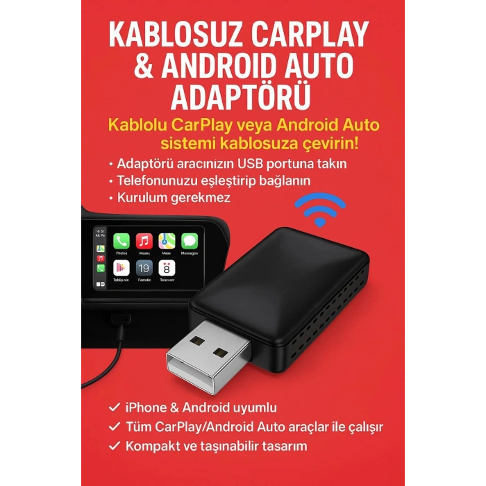 Kablosuz CarPlay & Android Auto Adaptörü  Apple ve Android Cihazlar İçin Evrensel Wireless Carplay Çevirici (  )