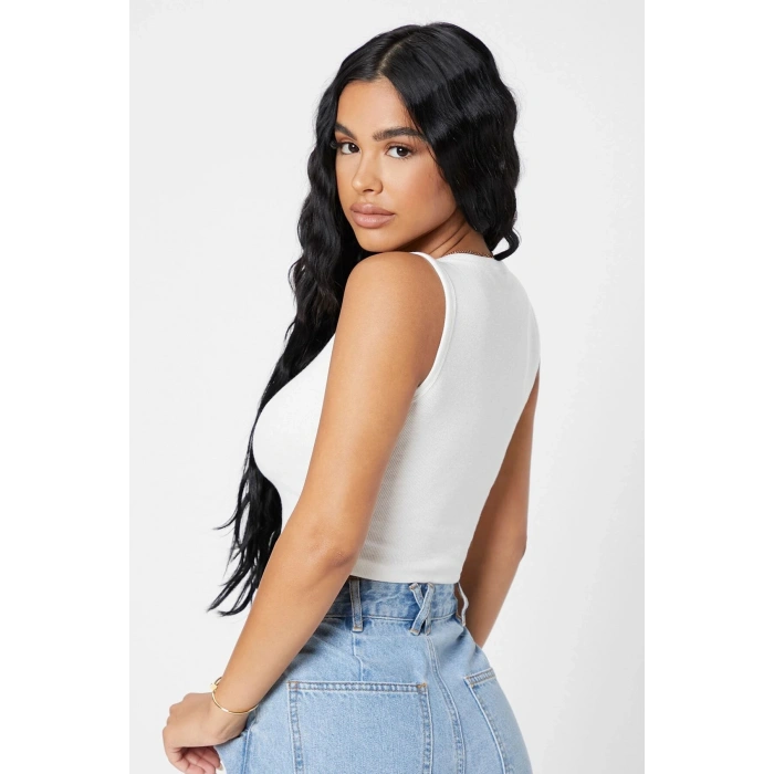 Kadın Beyaz Kare Yaka Crop Top Bluz