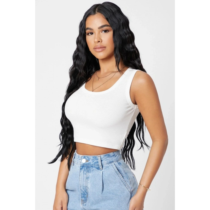 Kadın Beyaz Kare Yaka Crop Top Bluz
