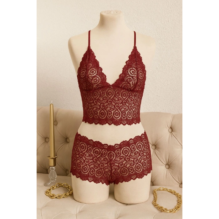Kadın Bordo Dantel Bralet Şort Takımı – Asil ve Sofistike İç Giyim
