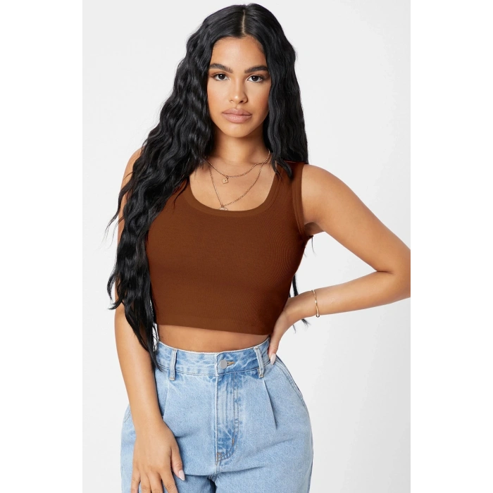 Kadın Kahverengi Kare Yaka Crop Top Bluz