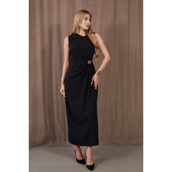 Kadın Kalın Askılı Yırtmaçlı Linda Kumaş Elbise