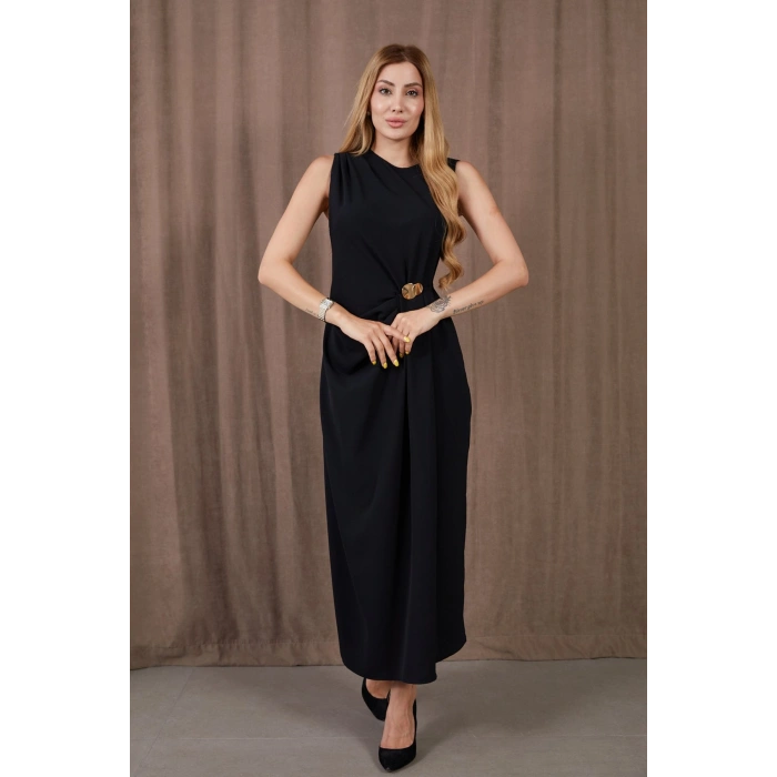 Kadın Kalın Askılı Yırtmaçlı Linda Kumaş Elbise