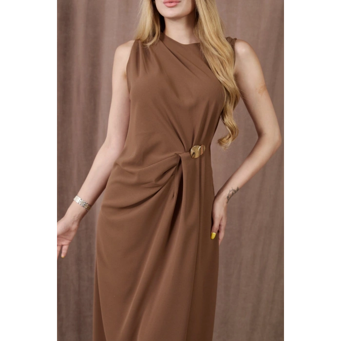 Kadın Kalın Askılı Yırtmaçlı Linda Kumaş Elbise Kahve