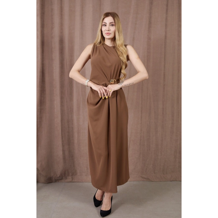 Kadın Kalın Askılı Yırtmaçlı Linda Kumaş Elbise Kahve