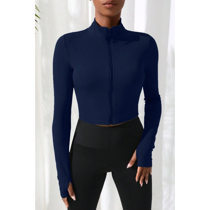 Kadın Lacivert Uzun Kol Fermuarlı Parmak Geçme Detaylı Dik Yaka Crop Top Bluz