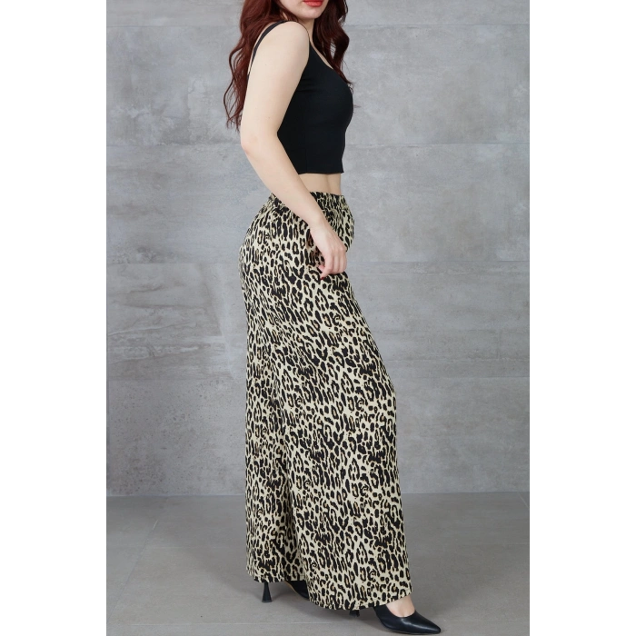 Kadın Leopar Desenli Rahat Kalıp Bol Paça Salaş Pantolon