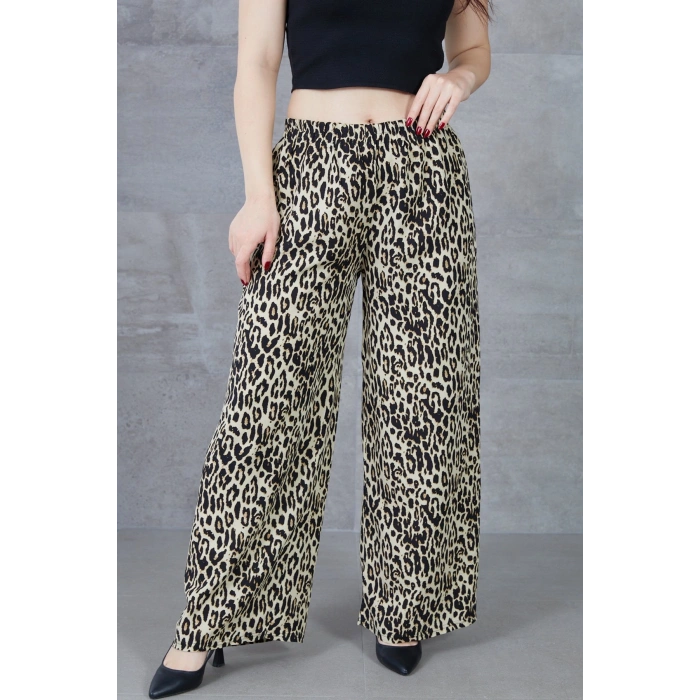Kadın Leopar Desenli Rahat Kalıp Bol Paça Salaş Pantolon