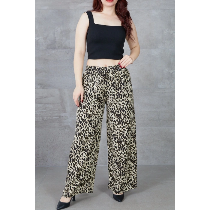 Kadın Leopar Desenli Rahat Kalıp Bol Paça Salaş Pantolon