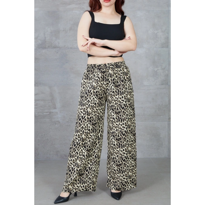 Kadın Leopar Desenli Rahat Kalıp Bol Paça Salaş Pantolon