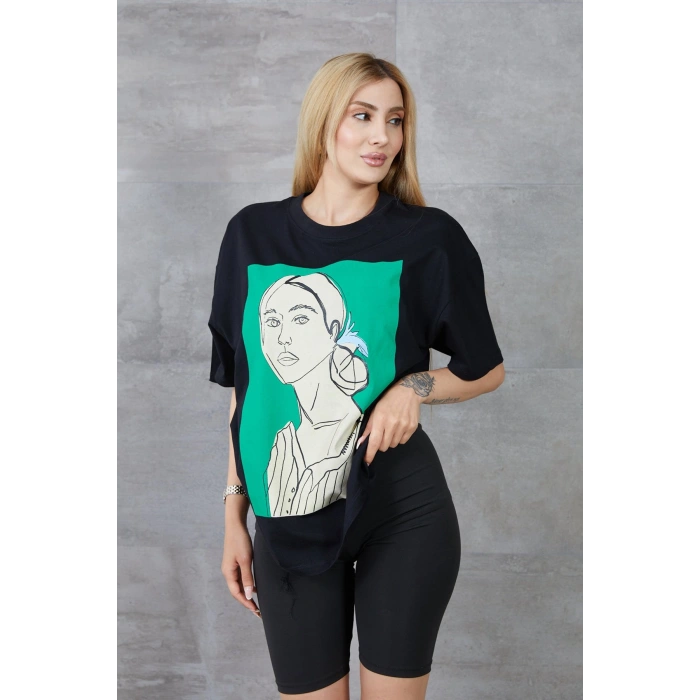 Kadın Silüet Baskılı Bisiklet Yaka Oversize T-shirt