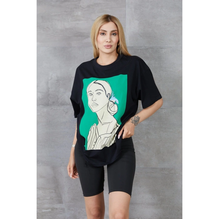 Kadın Silüet Baskılı Bisiklet Yaka Oversize T-shirt