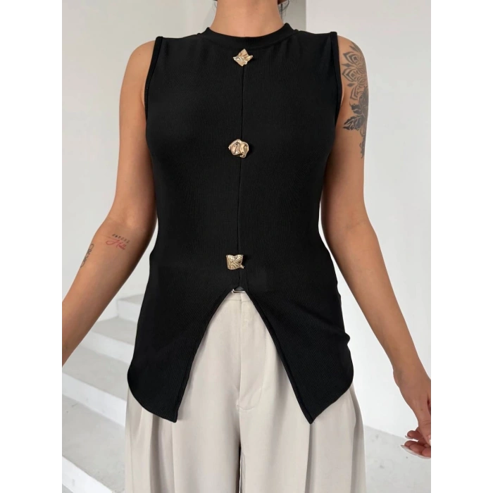 Kadın siyah bisiklet yaka gold düğmeli ottoman bluz