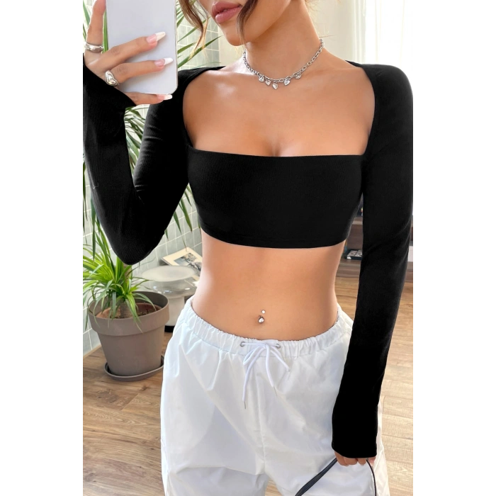 Kadın Siyah Uzun Kol Göğüs ve Sırt Dekolteli Crop Top Bluz