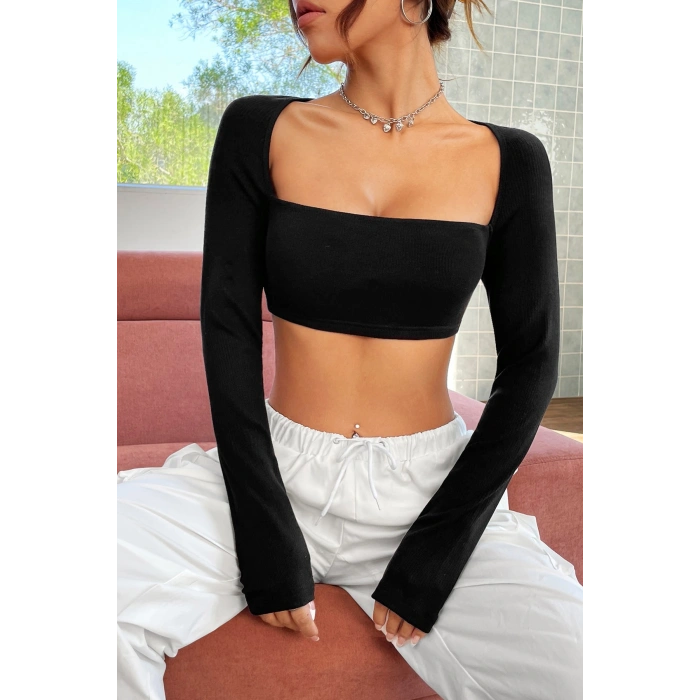 Kadın Siyah Uzun Kol Göğüs ve Sırt Dekolteli Crop Top Bluz