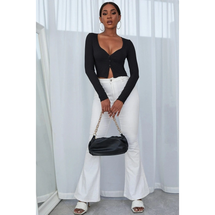 Kadın Siyah Uzun Kollu Düğmeli Göğüs ve Göbek Dekolteli Crop Top Bluz