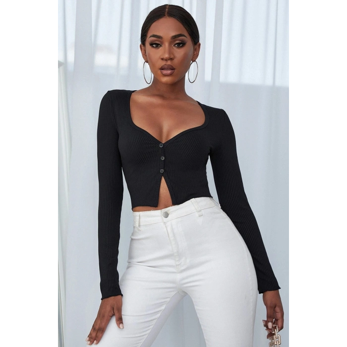Kadın Siyah Uzun Kollu Düğmeli Göğüs ve Göbek Dekolteli Crop Top Bluz
