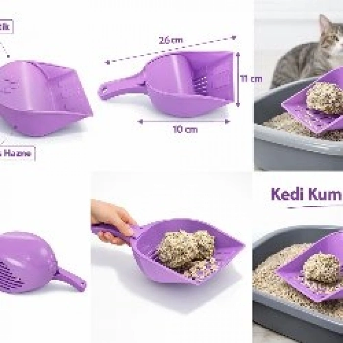 Kapaklı Kedi Kumu Küreği Elekli – Ergonomik Saplı Dalı Plastik Kum Temizleme Küreği 26 cm