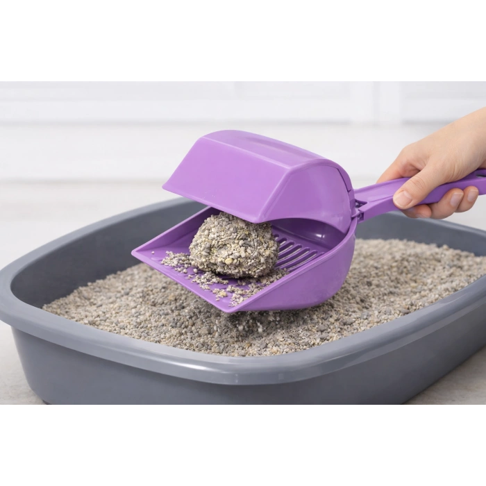 Kapaklı Kedi Kumu Küreği Elekli – Ergonomik Saplı Dalı Plastik Kum Temizleme Küreği 26 cm