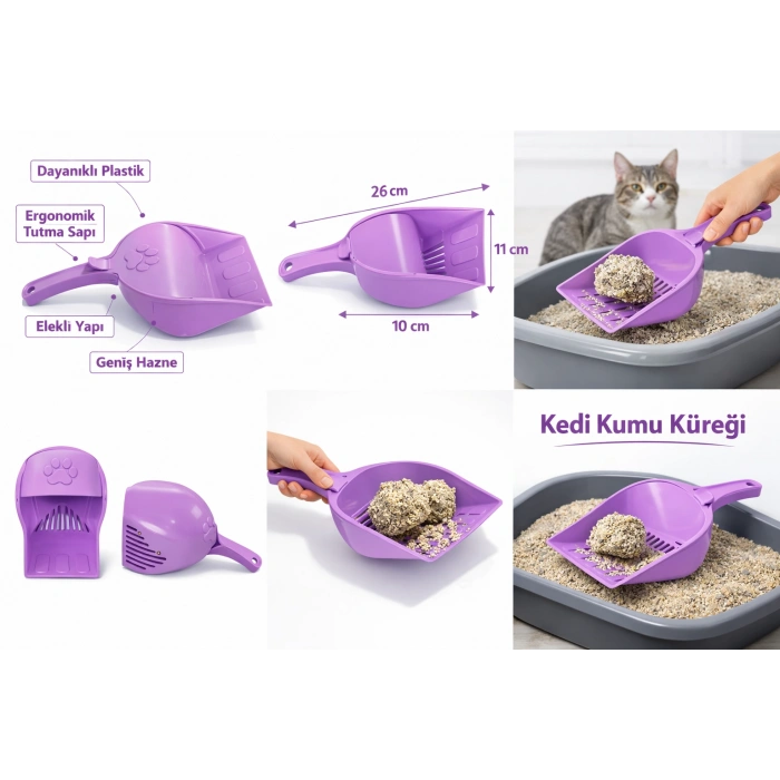 Kapaklı Kedi Kumu Küreği Elekli – Ergonomik Saplı Dalı Plastik Kum Temizleme Küreği 26 cm