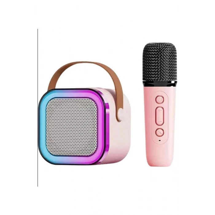 Karaoke Kablosuz Hoparlör Mikrofonlu Rgb Işıklı Bluetooth Spe Tf Kart/usb Pembe