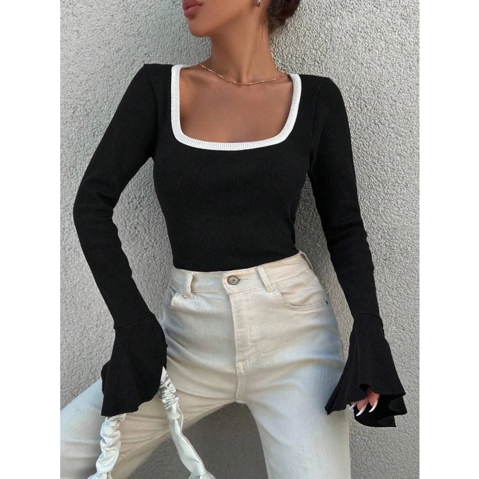 Kare yaka garni detay ispanyol kol bluz siyah