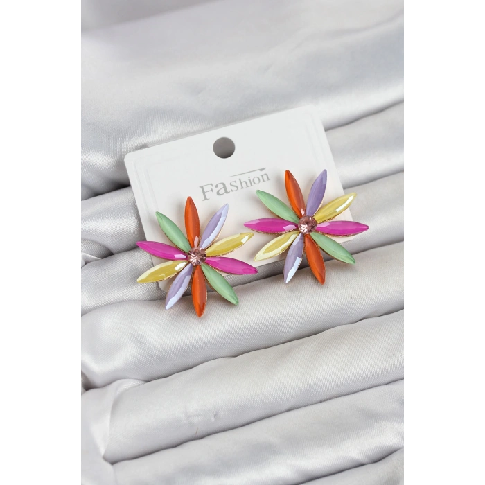 Karışık Renk Kristal Taşlı Lotus Model Kadın Küpe