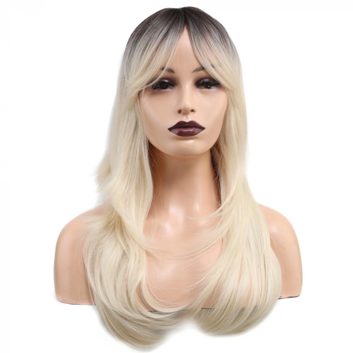 Katlı Kesim Perçemli Düz Fiber Sen Orta Boy Peruk / Kahve / Platin Ombreli
