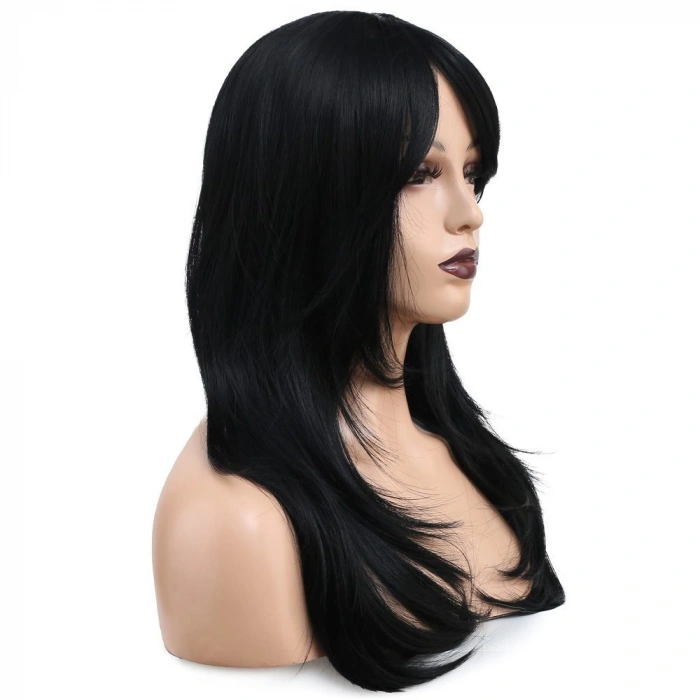 Katlı Kesim Perçemli Düz Fiber Sen Orta Boy Peruk / Siyah