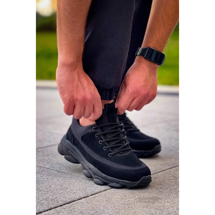 KB-707    Siyah Süet Siyah Yüksek Taban Bağcıklı Günlük Erkek Ayakkabı