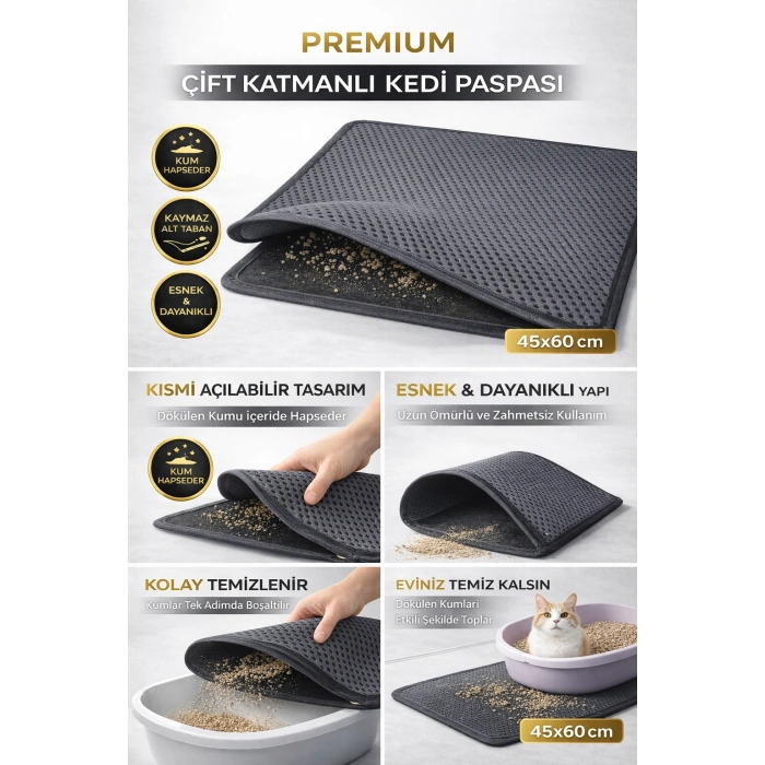 Kedi Elekli Tuvalet Önü Kum Tutucu Paspas  45 cm - 60 cm Gri