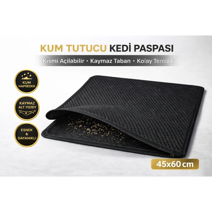Kedi Elekli Tuvalet Önü Kum Tutucu Paspas  45 cm - 60 cm Siyah