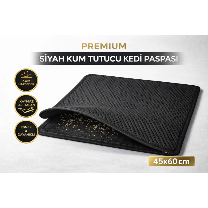 Kedi Elekli Tuvalet Önü Kum Tutucu Paspas  45 cm - 60 cm Siyah