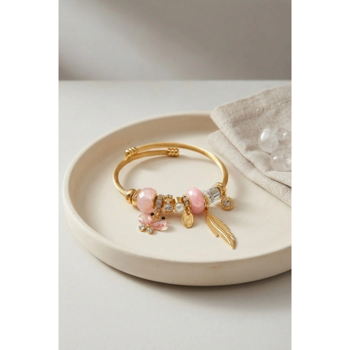 Kelebek Model Gold Renk Pembe Charmlı Bileklik