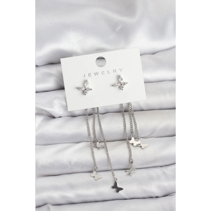 Kelebek Model Gümüş Renk Pirinç Sallantılı Kadın Küpe