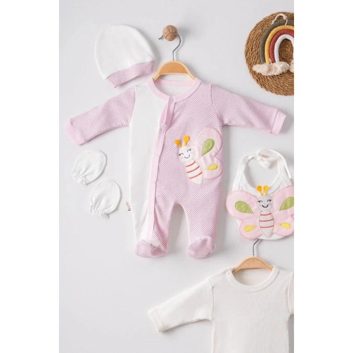 Kelebek Nakışlı Puanlı Tulumlu % 100 Pamuk Kız Bebek 5li Set