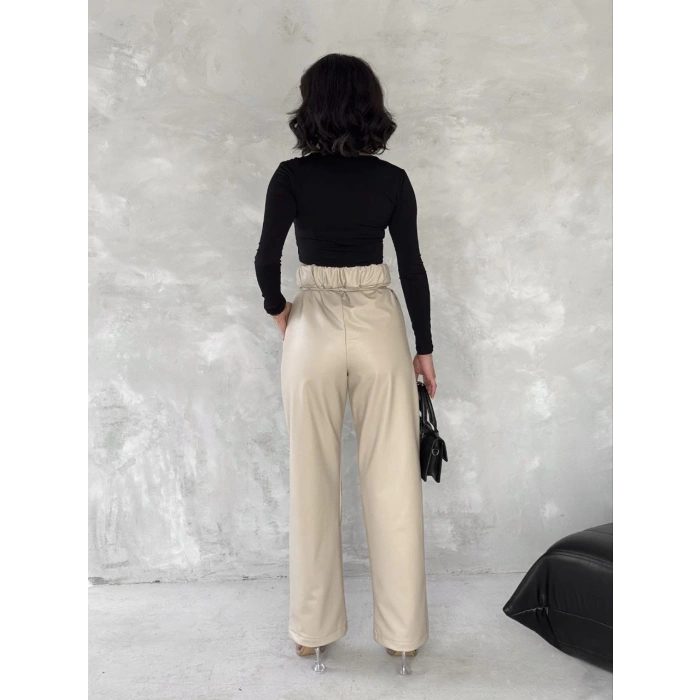Kendinden ince kemerli deri pantolon bej