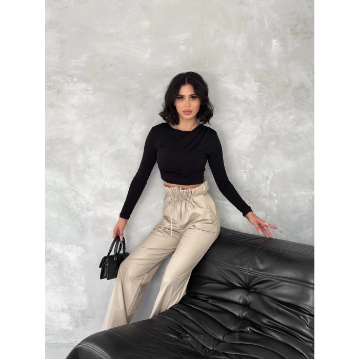 Kendinden ince kemerli deri pantolon bej
