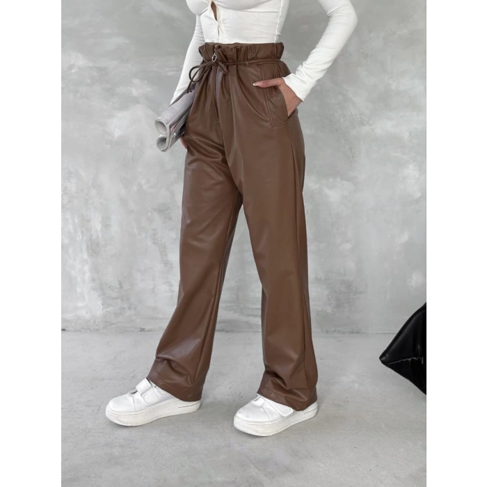 Kendinden ince kemerli deri pantolon kahve