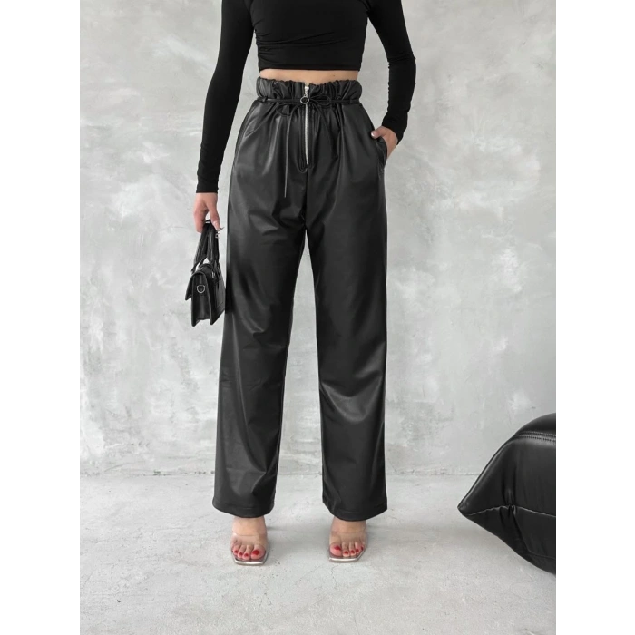 Kendinden ince kemerli deri pantolon siyah