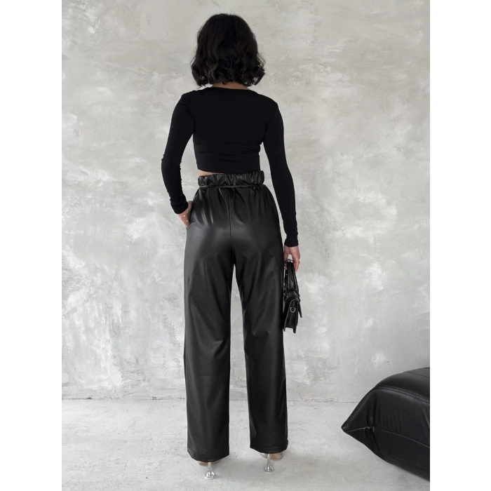 Kendinden ince kemerli deri pantolon siyah