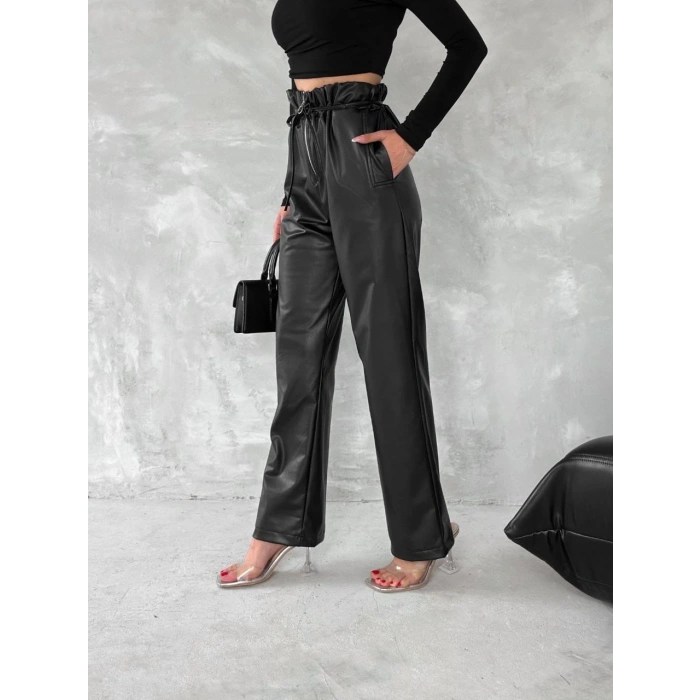 Kendinden ince kemerli deri pantolon siyah