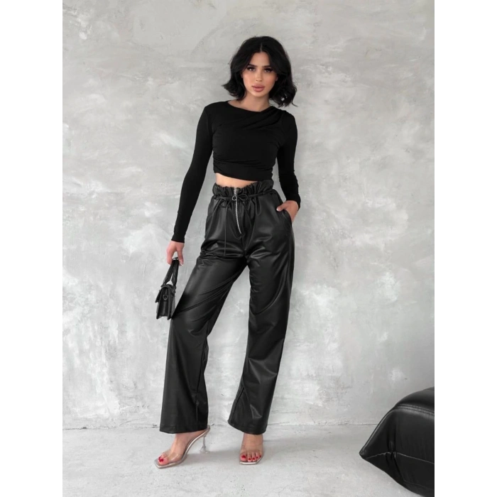 Kendinden ince kemerli deri pantolon siyah