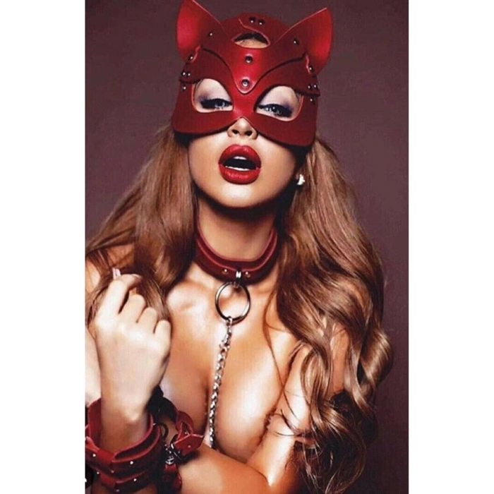 Kırmızı Maske Tasma Ve Bacak Kelepce Sexy Set