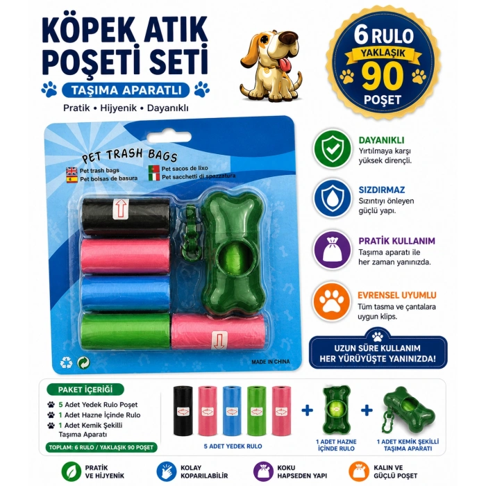 Köpek Dışkı Poşeti 6 rulo + Taşıma Aparatı Hediyeli ( 90 poşet - 6 rulo )
