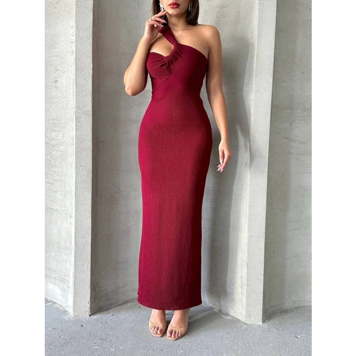 Krinkıl tek omuz uzun elbise bordo s25455