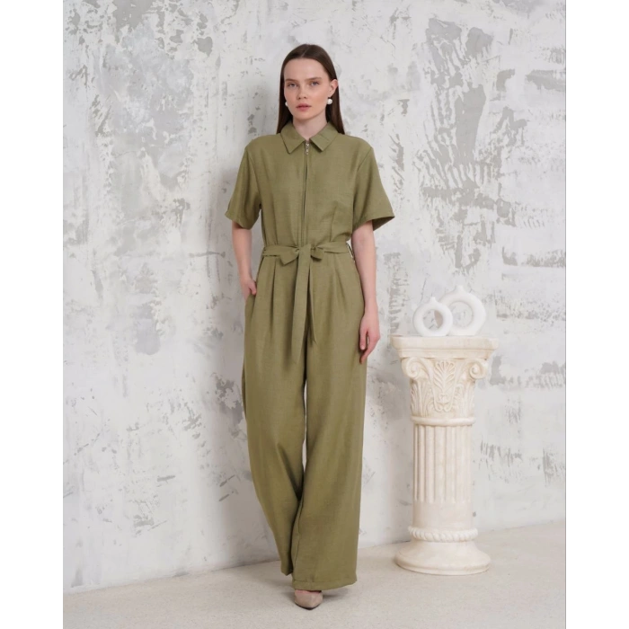 Kuşaklı gömlek yaka salaş tulum haki s255822